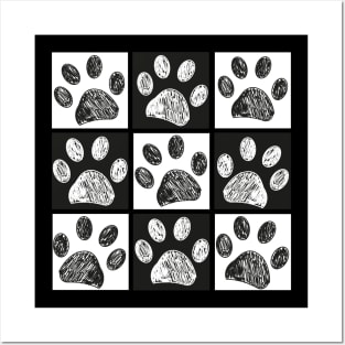 Black and white square with doodle paw print Posters and Art